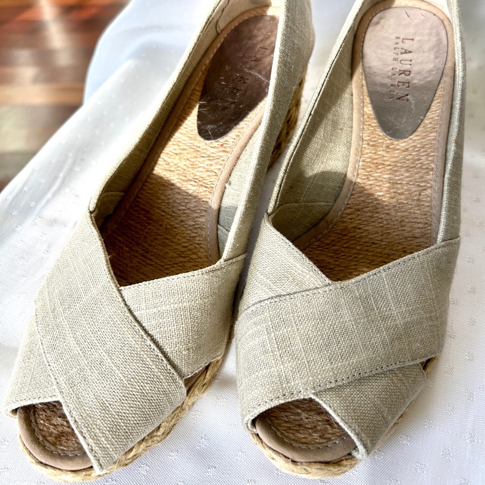 Ralph Lauren Cecilia Linen Peep toe Wedge shoes